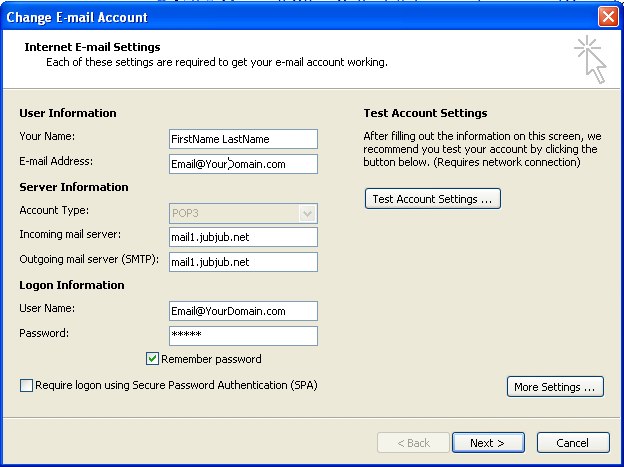 New Email Account Settings for Windows hosted accounts