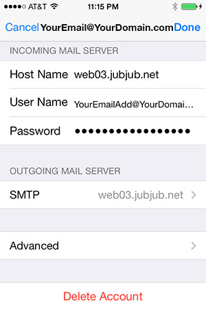 iPhone General Server Settings for WEb03 Hosted Email Accounts