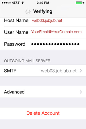 iPhone INCOMING Server Settings for WEb03 Hosted Email Accounts: verifying INcoming Server Settings