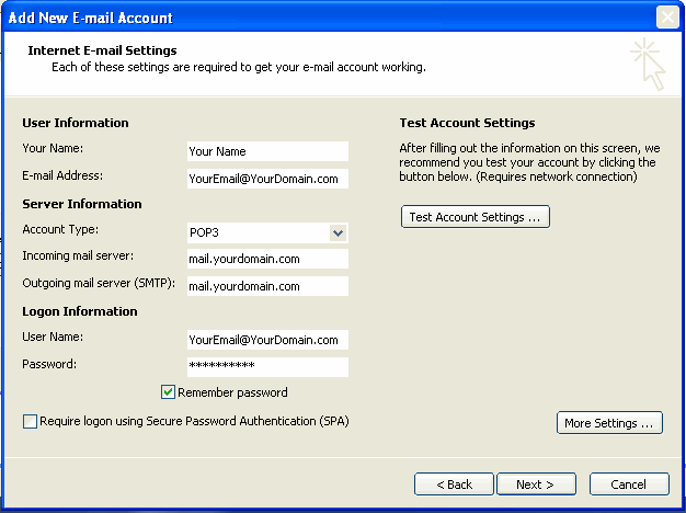 New Email Account Settings