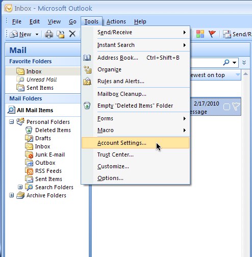 outlook account settings 2007