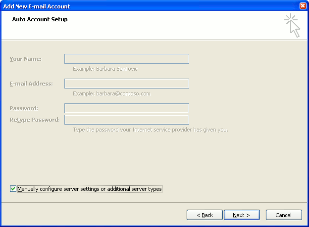 Auto Account Set up Screen - Hit Manual